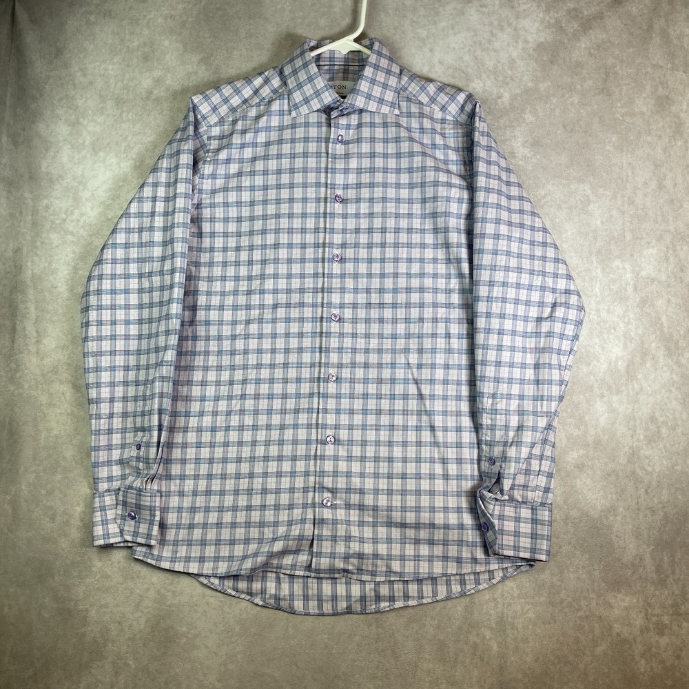 Eton Shirt Mens 15.5 39 Blue Plaid Contemporary Button Up Long Sleeve Formal